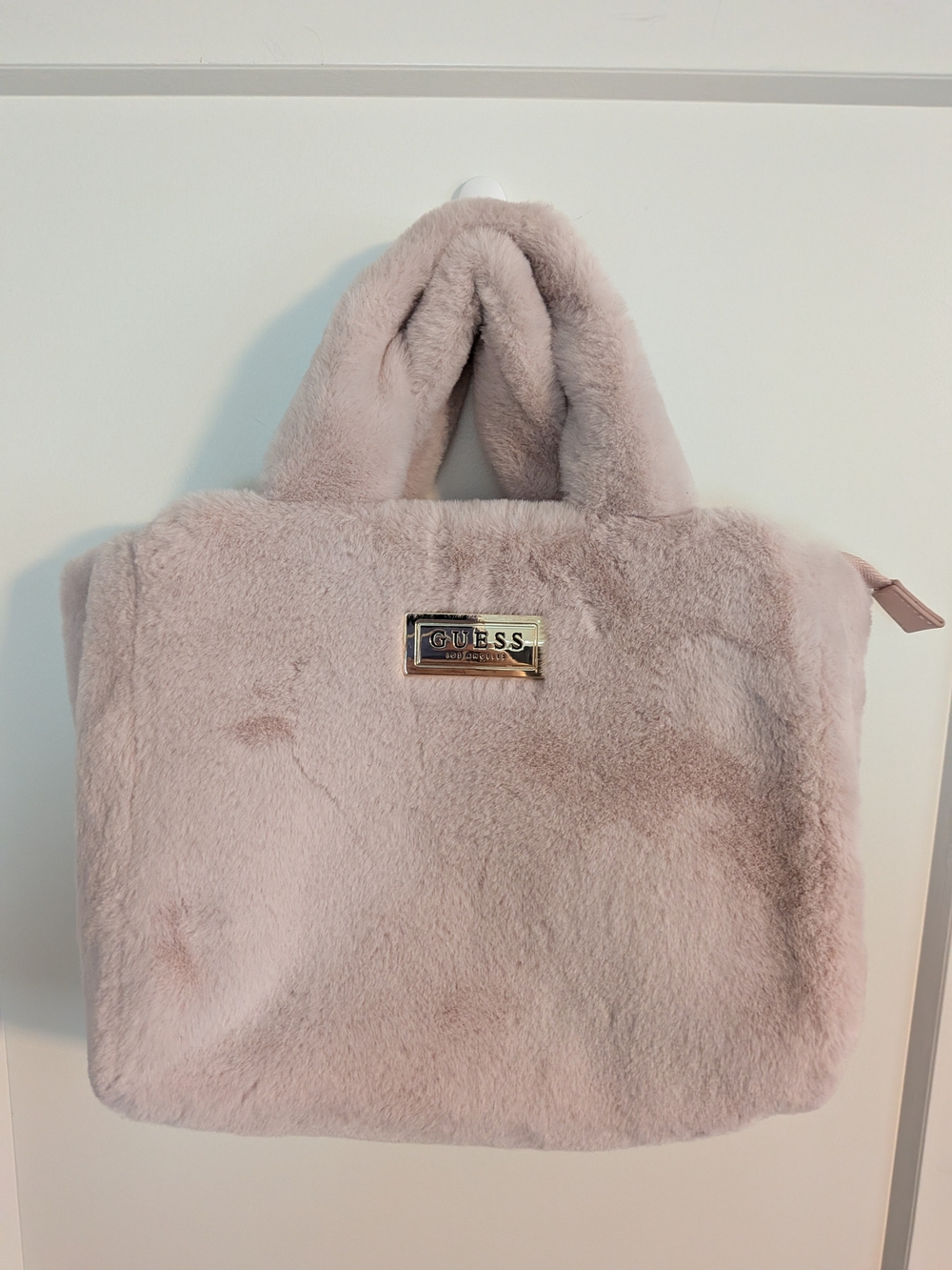 GUESS Faux-Fur Bag in Blush Pink with Gold Hardware